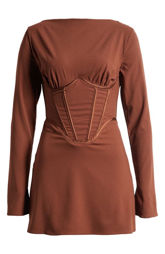 Shop Mistress Rocks Long Sleeve Corset Minidress In Cocoa