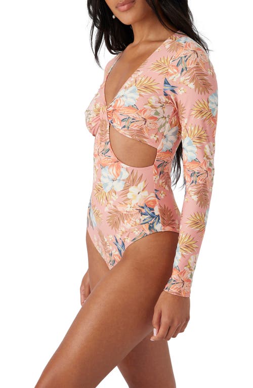 Shop O'neill Punta Tropical Key West Cutout Floral Long Sleeve One-piece Swimsuit In Canyon Clay