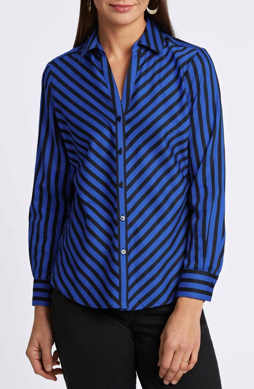 Foxcroft Mary Stripe Long Sleeve Cotton Sateen Button-up Shirt In Sapphire/black
