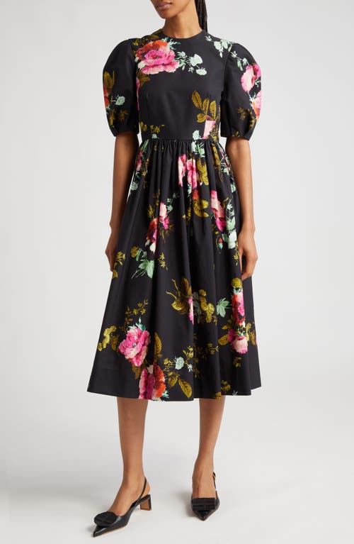 Erdem Floral Print Cotton Faille Midi Dress Black at Nordstrom, Us