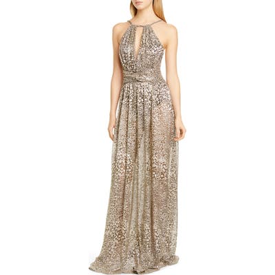 Patbo Metallic Leopard Halter Gown, Beige