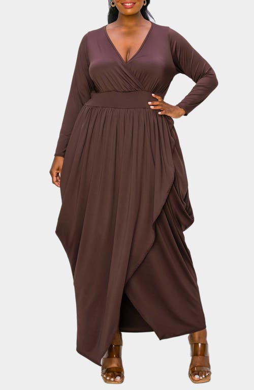 Shop L I V D Giuliana Long Sleeve Tulip Hem Faux Wrap Maxi Dress In Brown