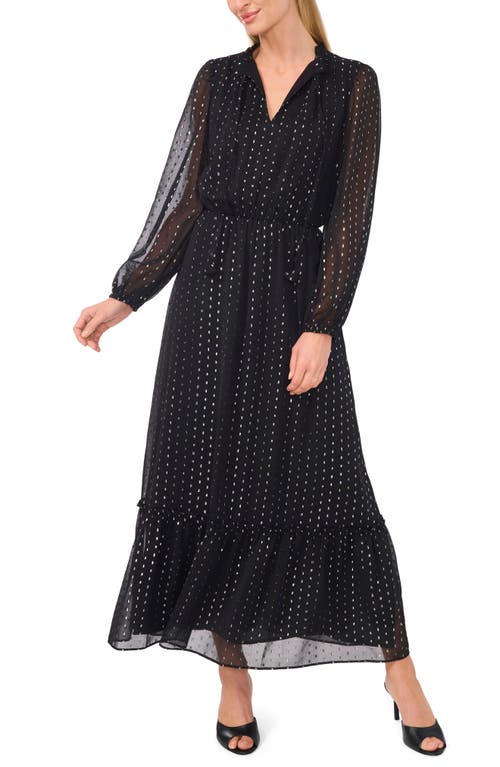 Shop Cece Metallic Clip Dot Long Sleeve Chiffon Maxi Dress In Rich Black