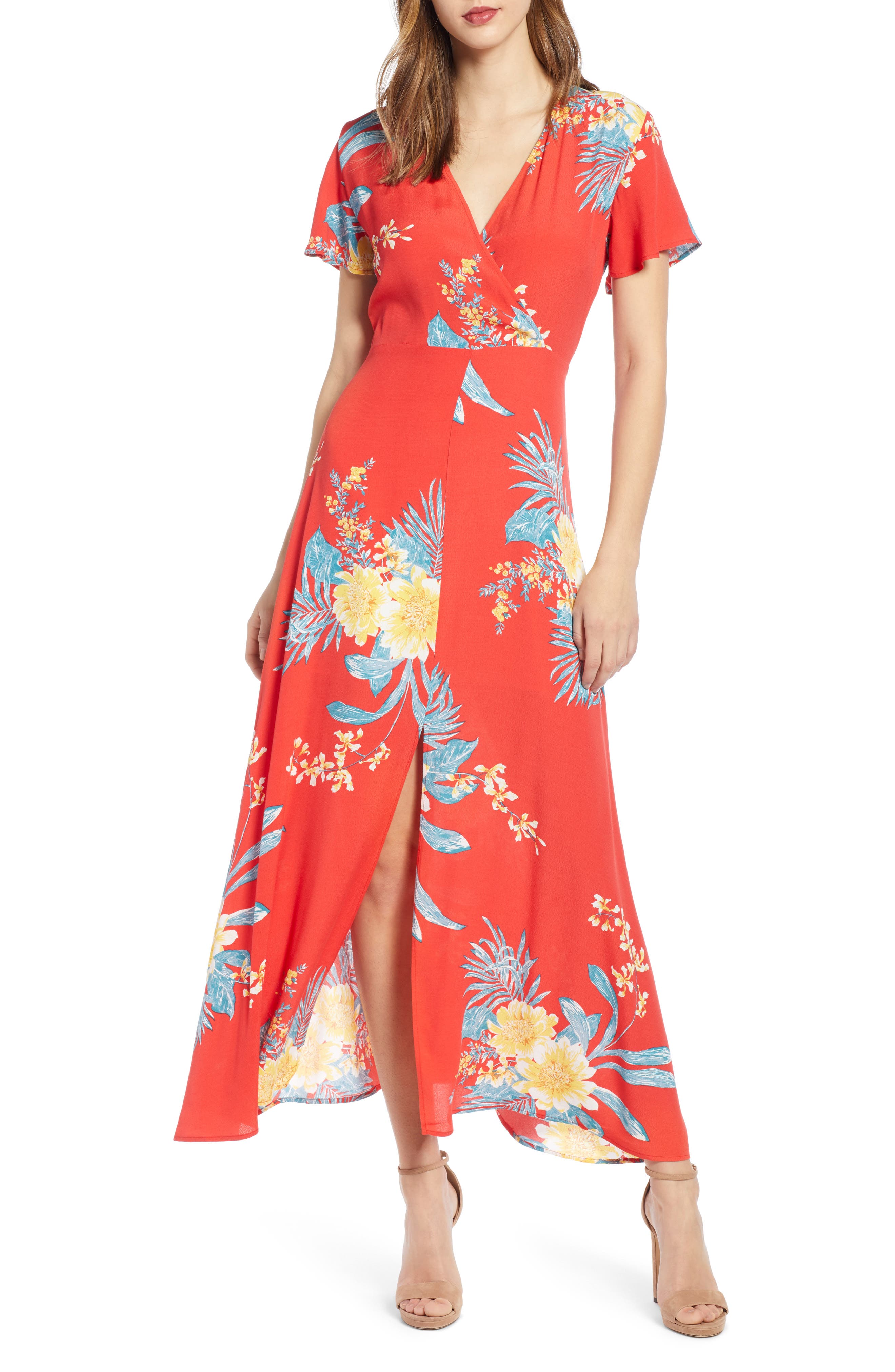 Leith Surplice Maxi Dress, Red