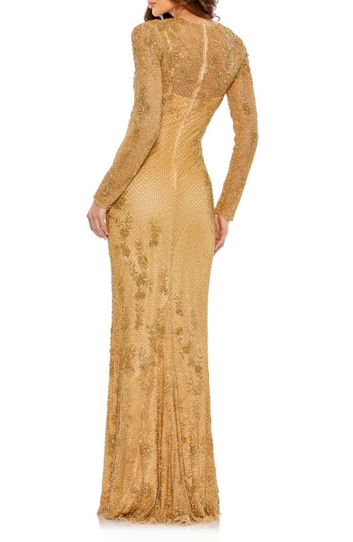 Shop Mac Duggal Beaded Long Sleeve Column Gown In Gold