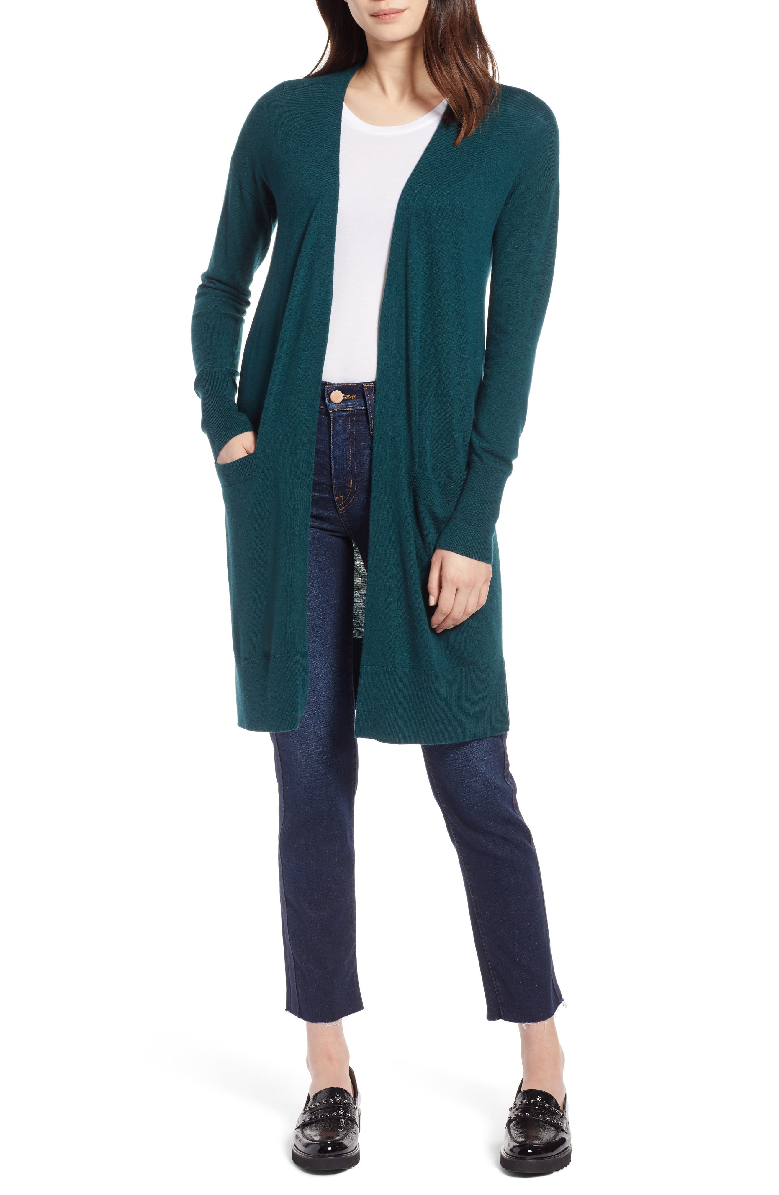 Halogen Open Front Pocket Cardigan, Green