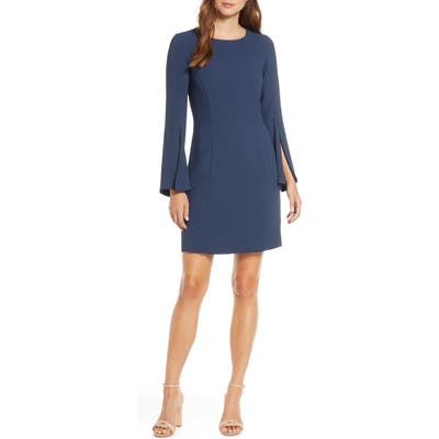 Forest Lily Split Long Sleeve Crepe Dress, Blue