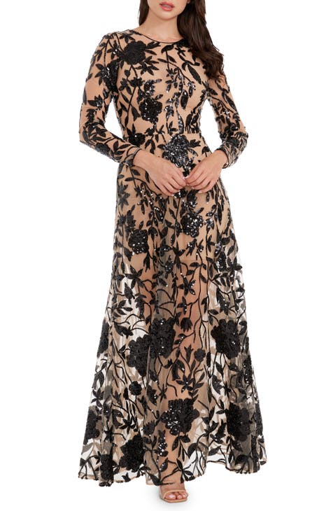 Ava Sequin Floral Embroidered Long Sleeve Gown