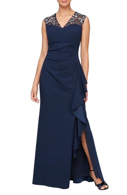 Alex Evenings Embroidered Sleeveless Gown In Navy/pink