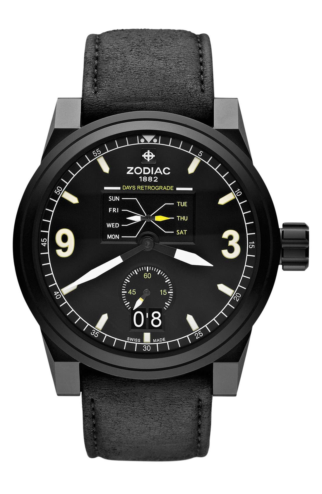 Zodiac 'Aviator' Leather Strap Watch, 48mm Nordstrom