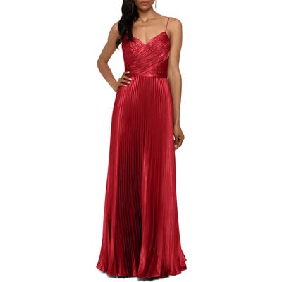 Betsy & Adam Crisscross Pleated Satin A-Line Gown, Red