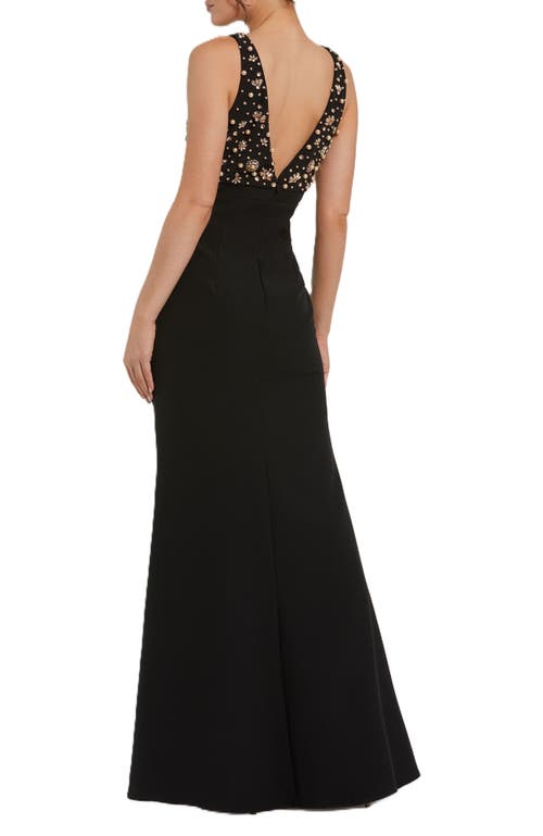 Mac Duggal Crepe Sleeveless Beaded Top With Bow V Neck Gown In Black