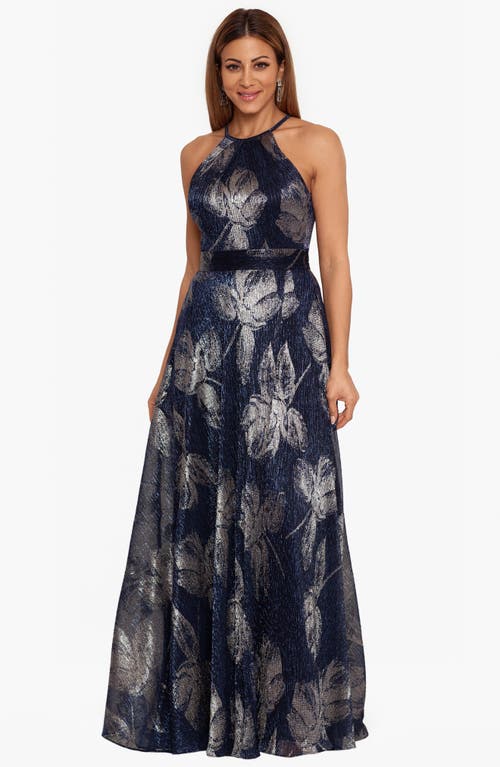 Shop Betsy & Adam Metallic Sleeveless Gown In Navy/gun