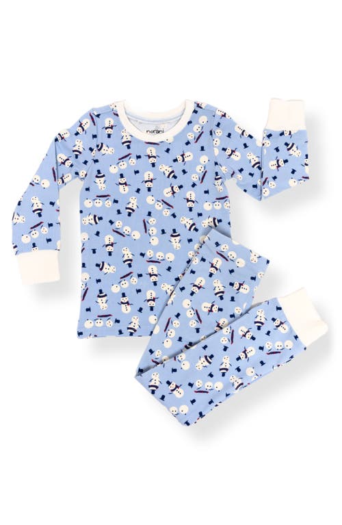 Norani Snowman Fitted Two-Piece Stretch Organic Cotton Pajamas in Blue 