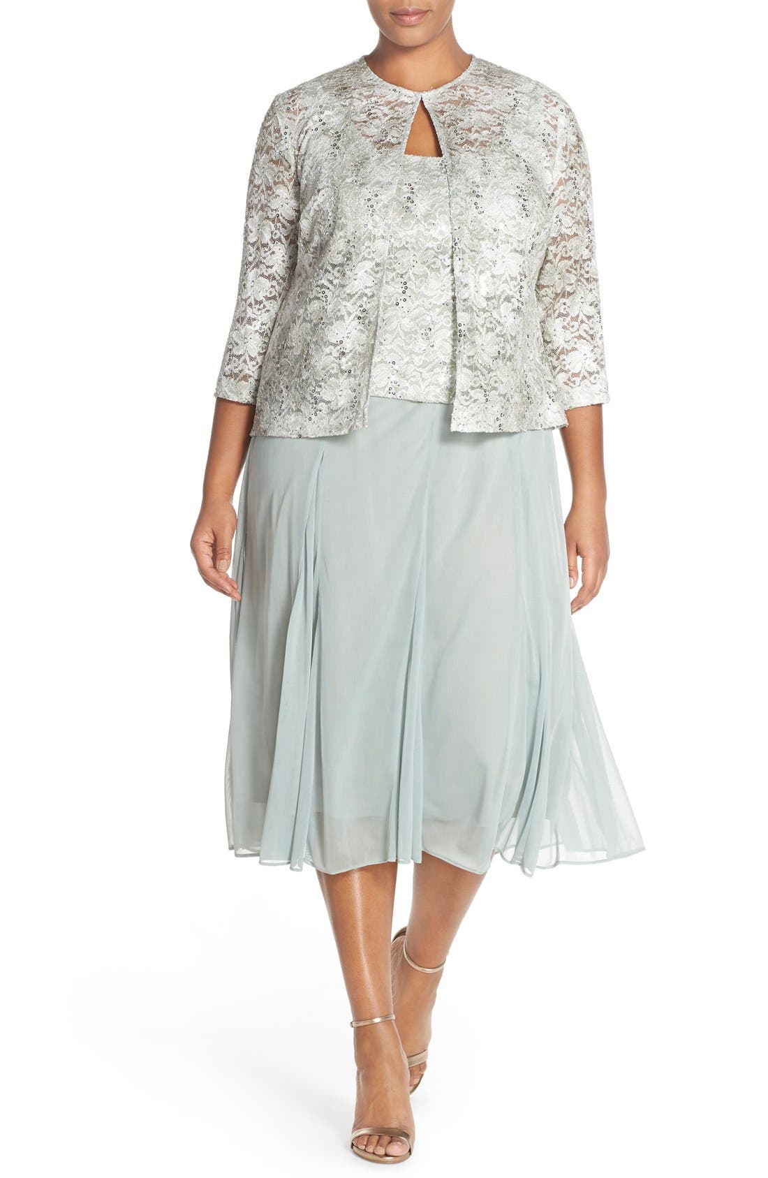 Alex Evenings Tea Length Lace & Chiffon Dress with Jacket (Plus Size