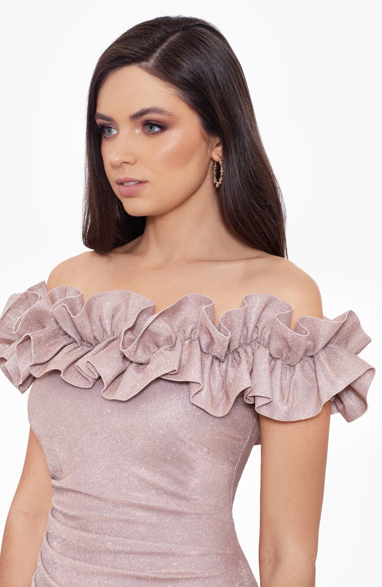 Off Shoulder Ruffle Jacket Xscape Glitter Ruffle Off the Shoulder Back Slit Gown | Nordstrom