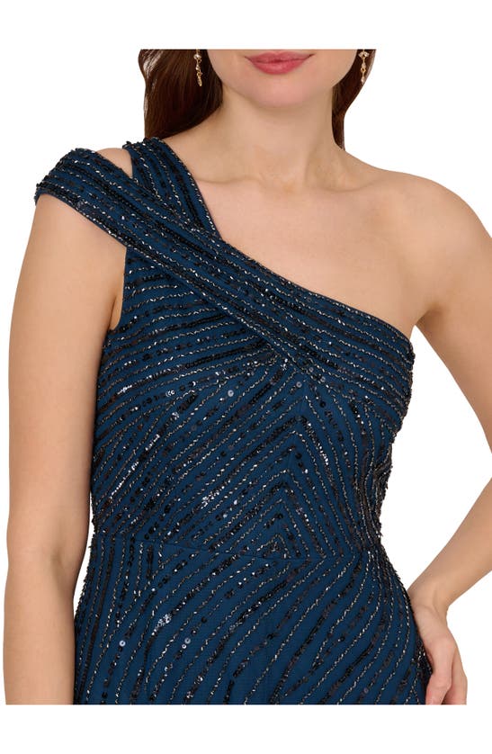 Shop Adrianna Papell Beaded One-shoulder Dress In Deep Blue