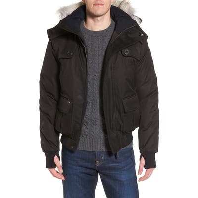 Nobis Windproof & Waterproof 650-Fill Power Down Bomber Jacket With Genuine Coyote Fur Trim, Black
