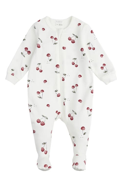 FIRSTS by Petit Lem Cherry Stretch Organic Cotton Footie Pajamas Off White at Nordstrom,