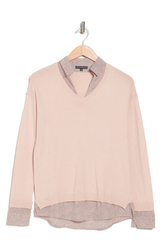 Adrianna Papell Twofer V-neck Sweater In Pearl Blush W/ Micro Dot