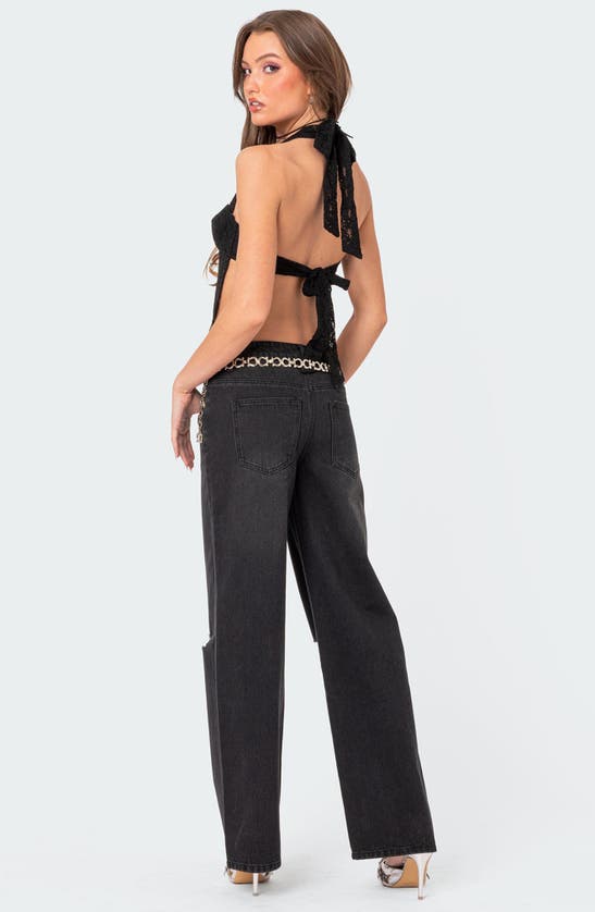 Shop Edikted Debbie Ripped Low Rise Wide Leg Jeans In Black