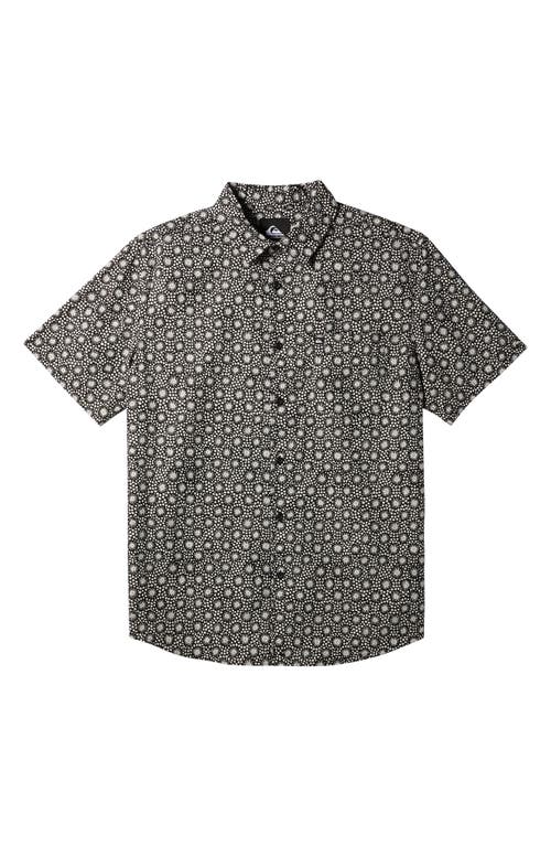 Apero Frond Print Short Sleeve Organic Cotton Button-Up Shirt in Urchin- Black