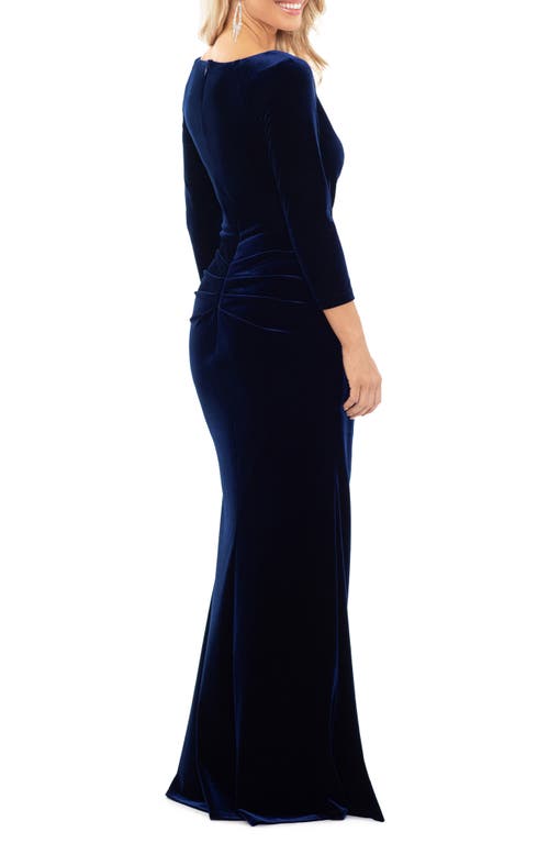Xscape Evenings Side Ruffle Velvet Gown In Navy
