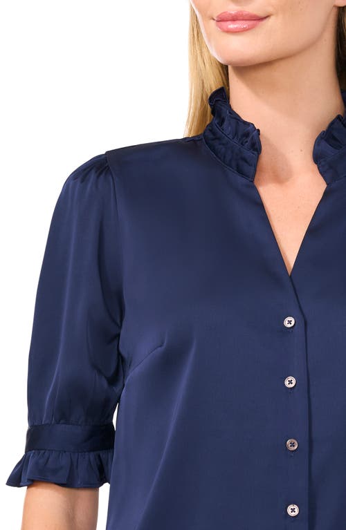 Shop Cece Frill Cuff Satin Button-up Shirt In Classic Navy Blue