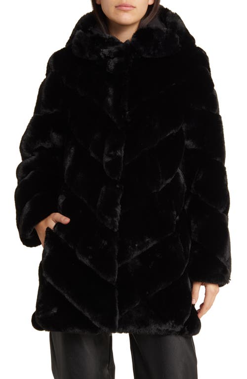 Chevron Faux Fur Hooded Jacket in Black