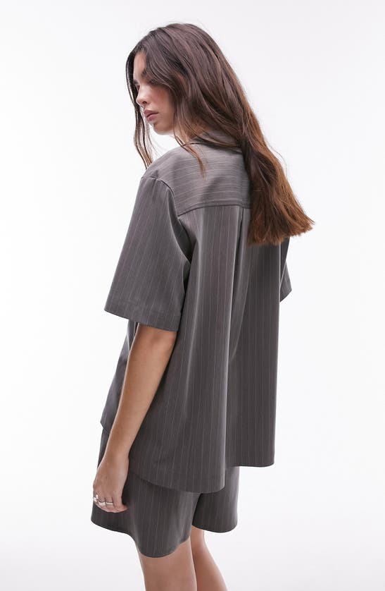 Shop Topshop Pinstripe Short Sleeve Button-up Shirt In Grey