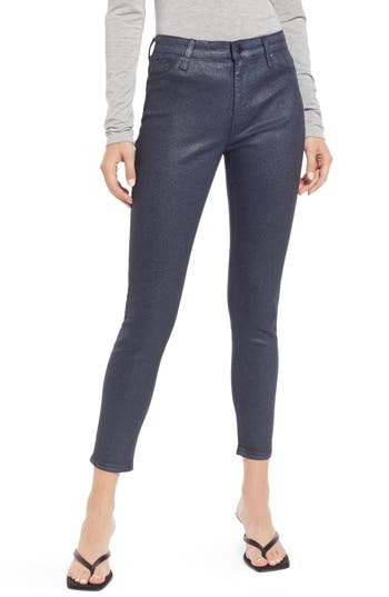 AG AG THE FARRAH HIGH RISE ANKLE SKINNY LEATHER PANEL DENIM PANTS