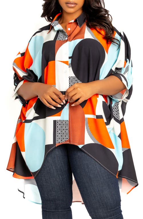 Buxom Couture Mixed Geo Print High-low Button-up Shirt In Orange Multi
