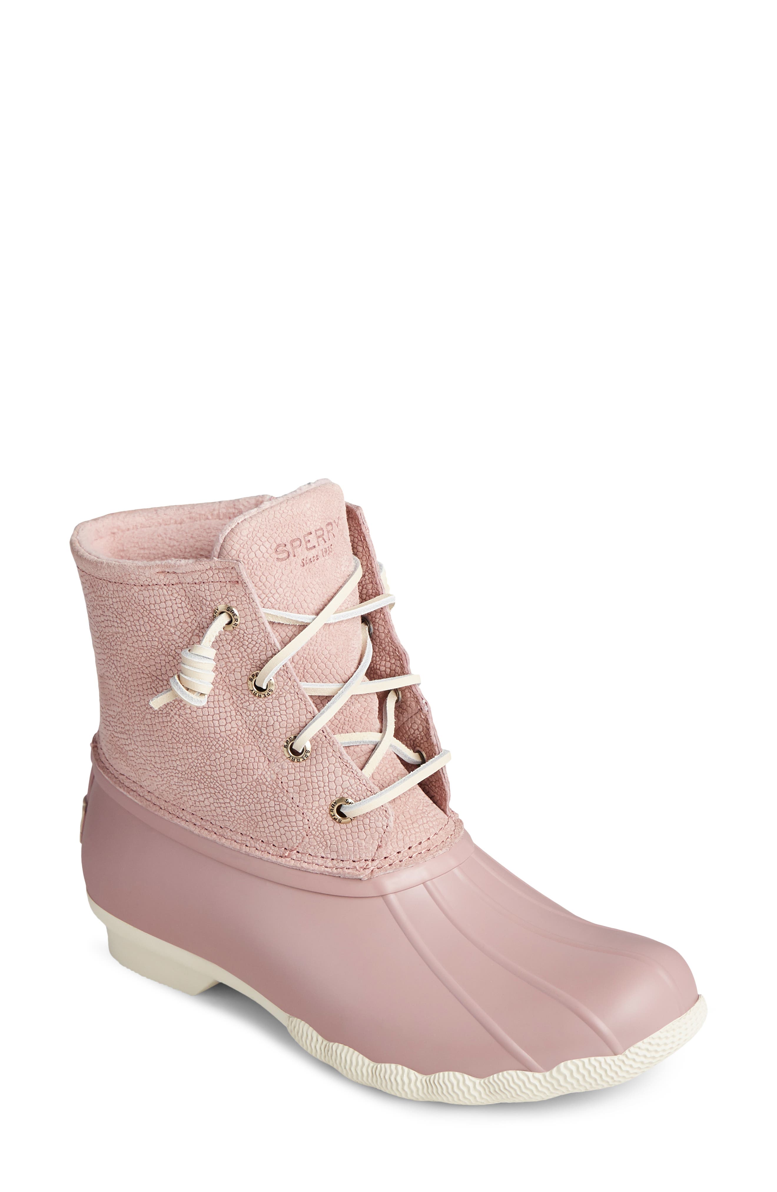 pink and gray sperry duck boots