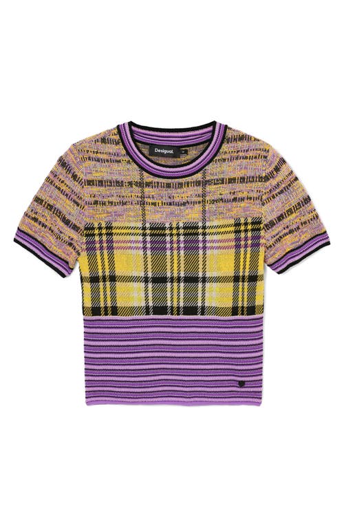 Shop Desigual Cuadri Jacquard Short Sleeve Sweater In Purple Mix