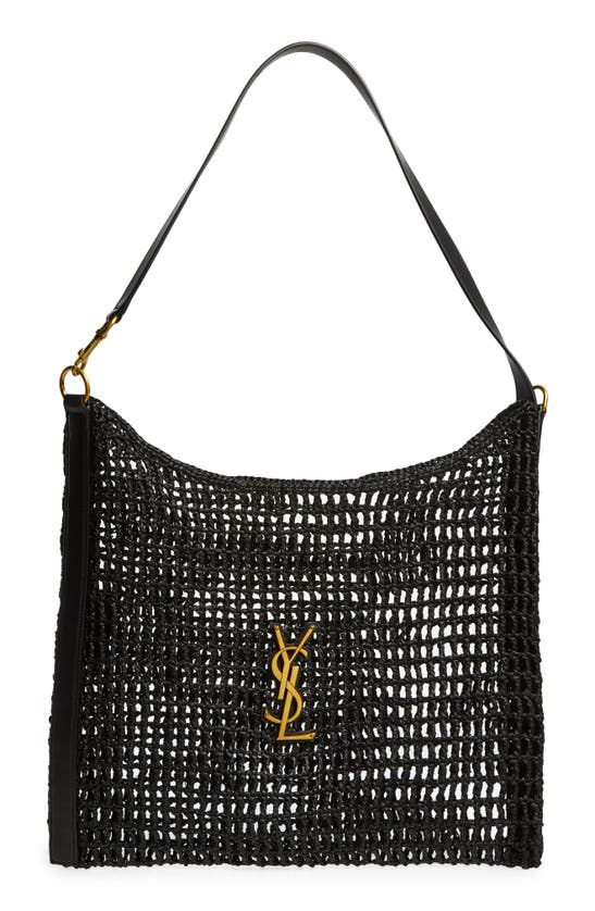 Shop Saint Laurent Oxalis Raffia Macramé Shoulder Bag In Noir