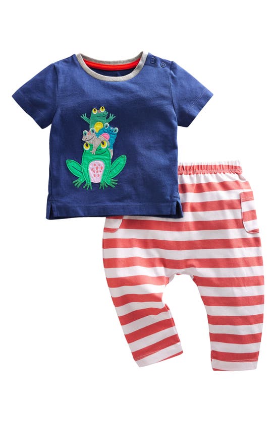 Mini Boden Babies' Frogs Appliqué Cotton Graphic Tee & Striped Leggings Set In Navy Frog