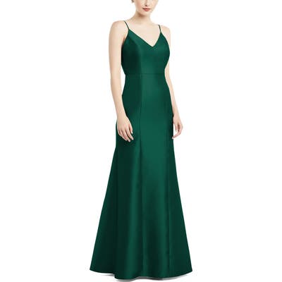 Alfred Sung Bow Back Satin Twill Trumpet Gown, Green