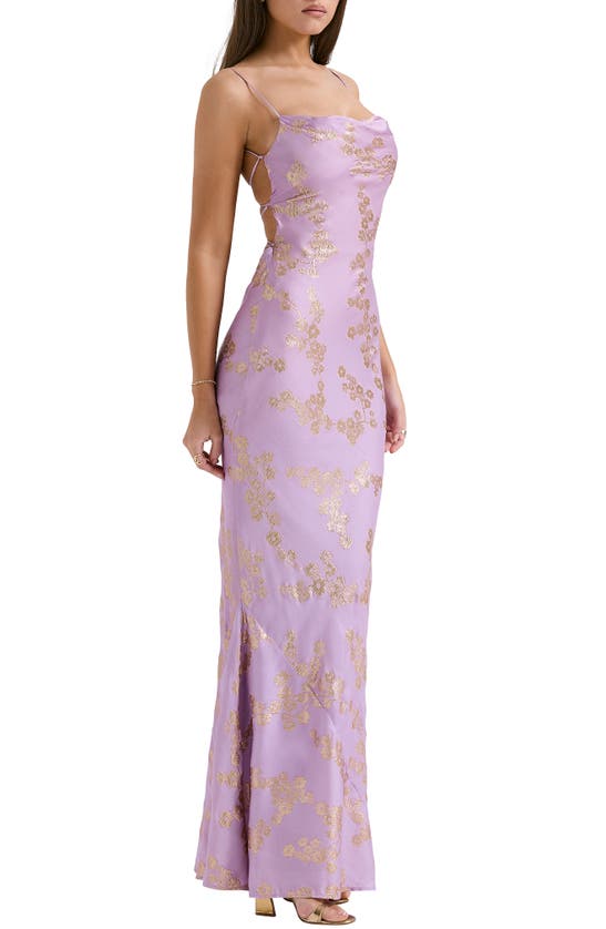 House Of Cb Capriana Metallic Sleeveless Lace Back Mermaid Gown In Orchid Bloom