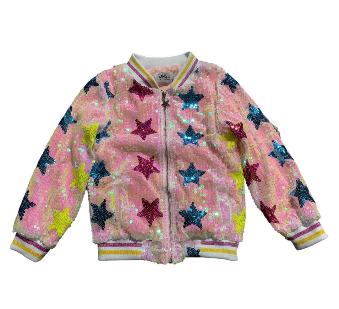 Lola + The Boys Rainbow Stars Sequin Bomber in Multicolor 