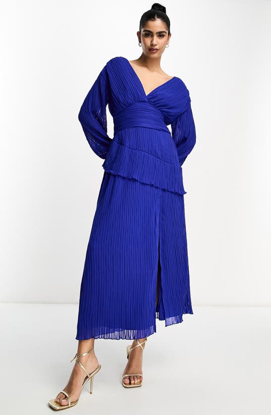 Asos Design Pleated Midi Dress With A Belt In Cobalt Blue