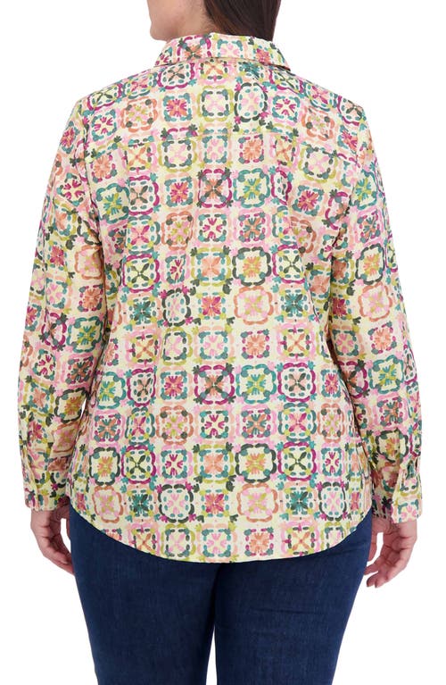 Shop Foxcroft Zoey Watercolor Print Long Sleeve Button-up Shirt In Beige/purple Multi