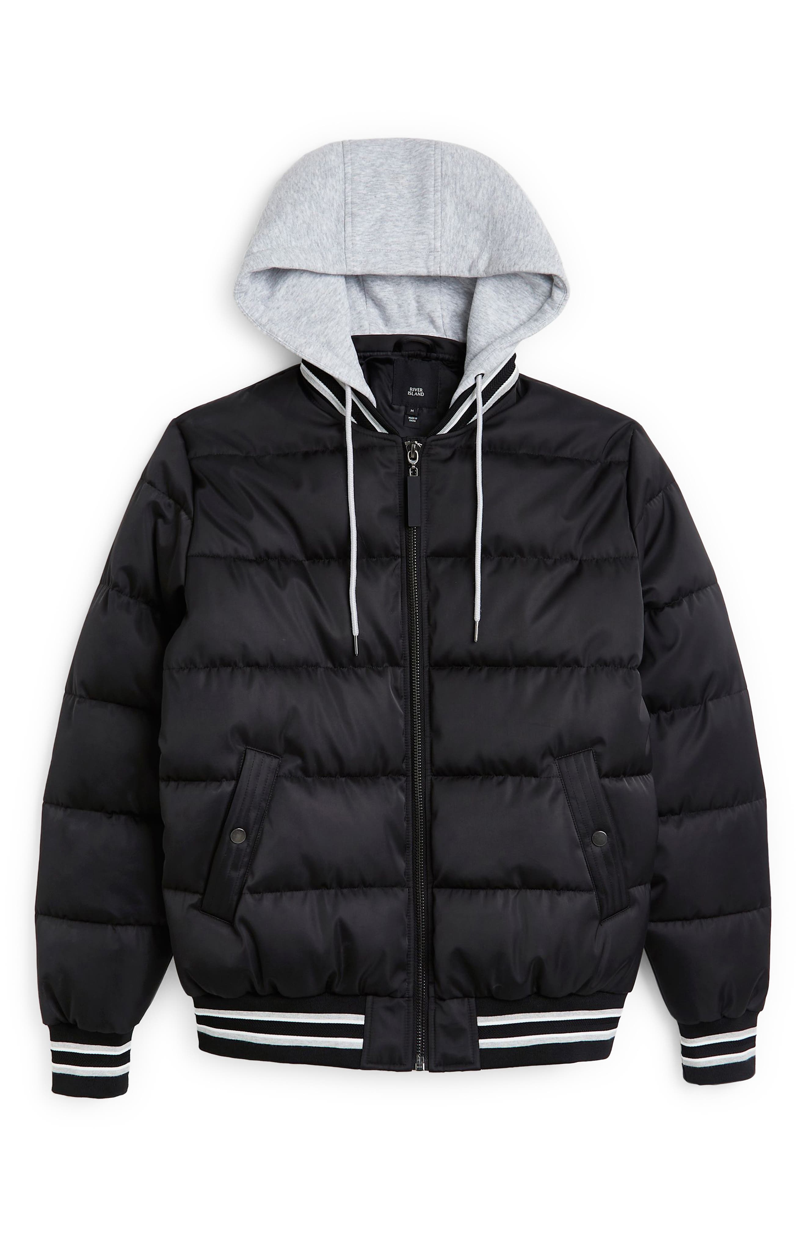 river island hooded bomber in black pu