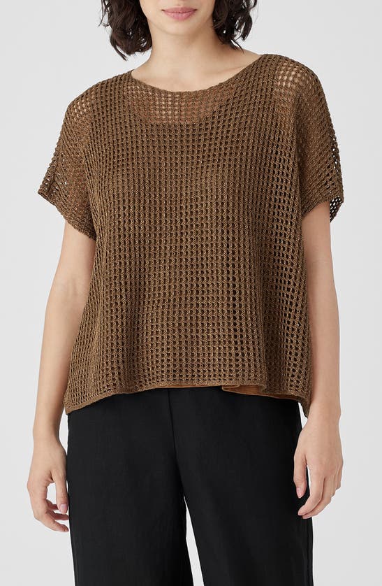 Eileen Fisher Open Stitch Short Sleeve Organic Linen Sweater In Bronze