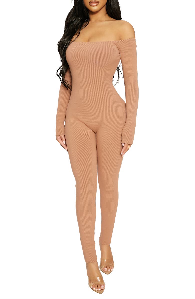 NAKED WARDROBE Off the Shoulder Rib Jumpsuit, Main, color, COCO