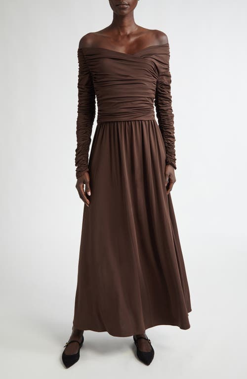 Shop Altuzarra Off The Shoulder Long Sleeve Ruched Maxi Dress In Sable