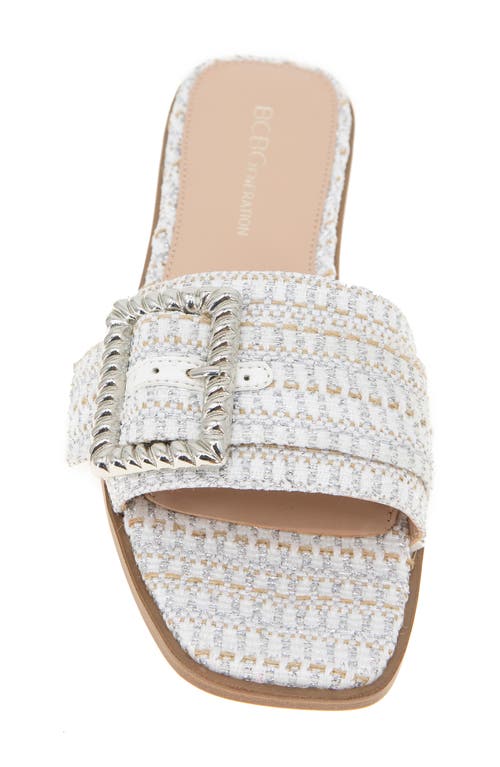 Bcbgeneration Women's Mollie Buckled Slide Flat Sandals In White/silver Boucle