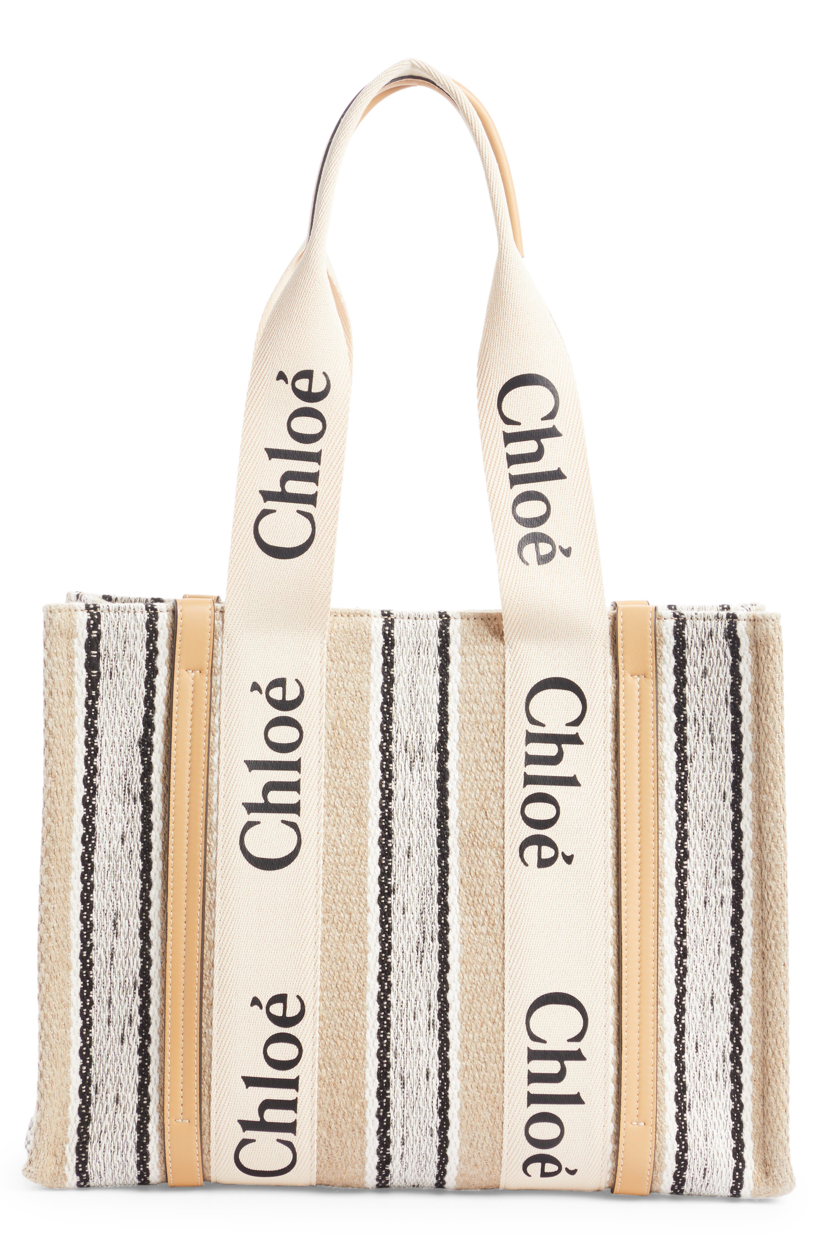 Chloe Medium Woody Logo Strap Stripe Linen Tote in Soft Tan at Nordstrom