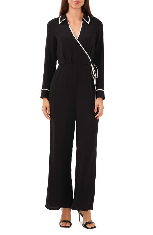 halogen(r) Contrast Piping Long Sleeve Jumpsuit in Rich Black