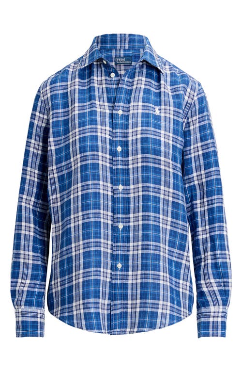 Shop Polo Ralph Lauren Plaid Linen Button-up Shirt In Blue/navy White