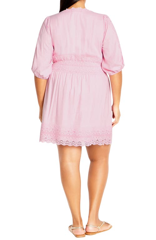 Shop City Chic Belle Puff Sleeve Button Front Lace Dress In Lavender